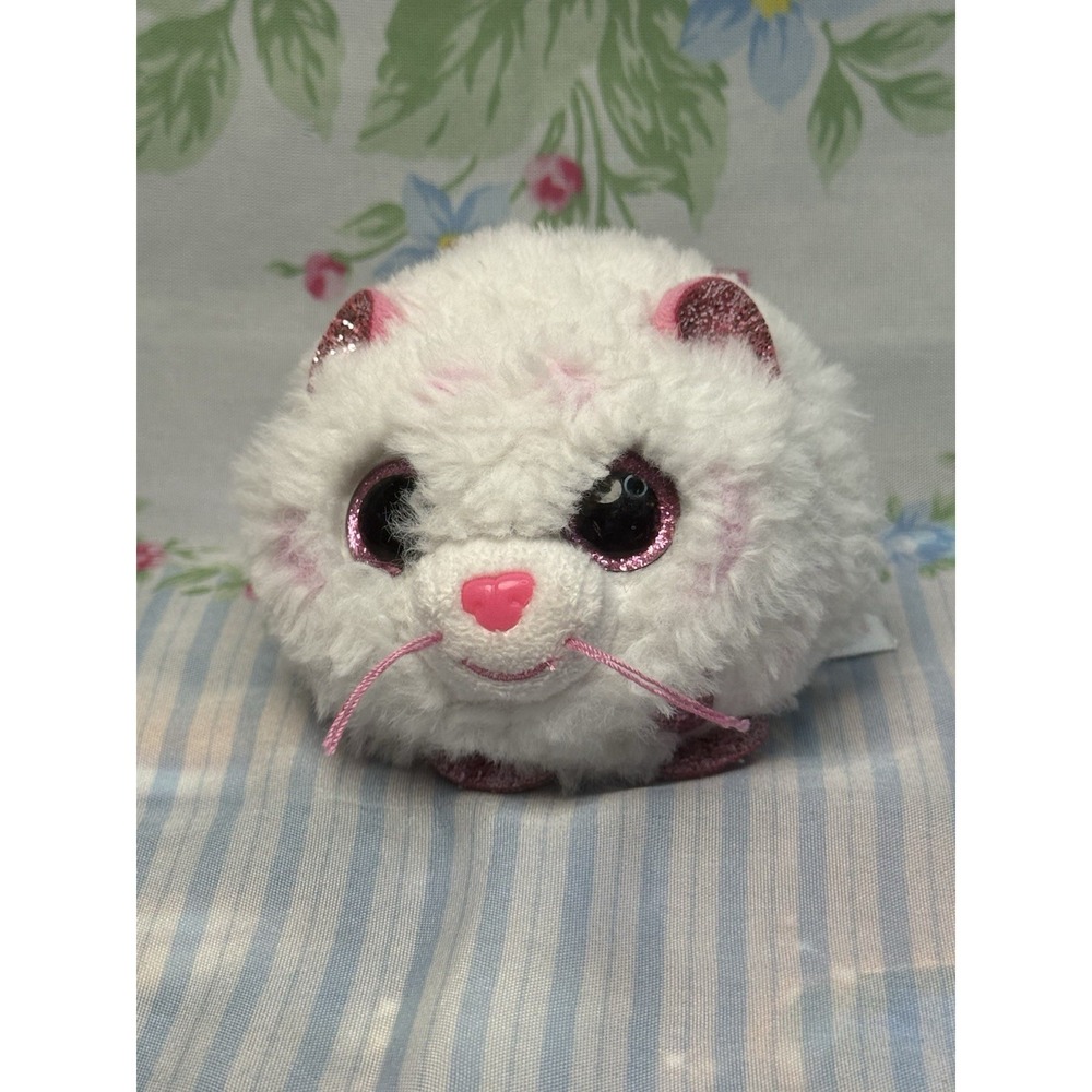 TY Puffies Tabor White Pink Cat Tiger Plush Ball Soft Round Toy 4" Retired‎
